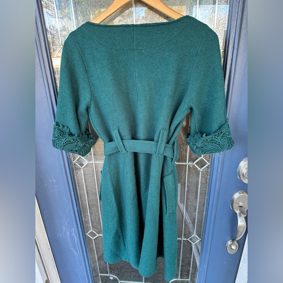 Small 100% wool forest green crochet 1/2 sleeve coat Eyelit belted long trench - Picture 6 of 7